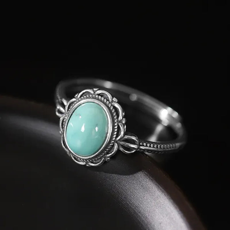 Women Vintage 925 Sterling Silver Green Gemstone Turquoise Rings