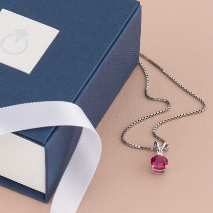 14K White Gold Created Ruby with Genuine Diamond Pendant, Elegant Solitaire, round Shape, 6.50Mm, 1.35 Carats Total