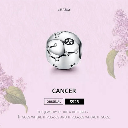 European Hot 12 Constellation Zodiac Round 925 Sterling Silver Beads Charm for Women Bracelet  Shining CZ Charm Fit Original Bangle Necklace DIY Jewelry Making
