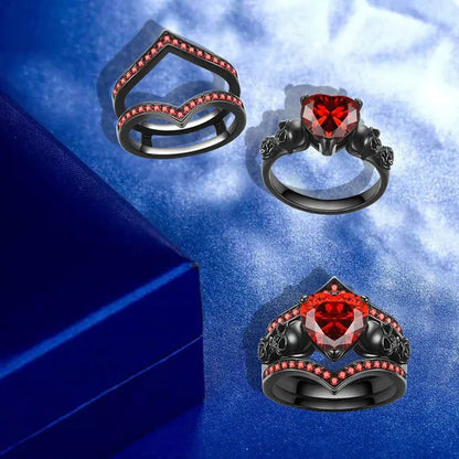 Gothic Skull Black Rings Set Women Rose Flower Red Purple Heart Love Zircon Crystal Christmas Anniversary Engagement Gift