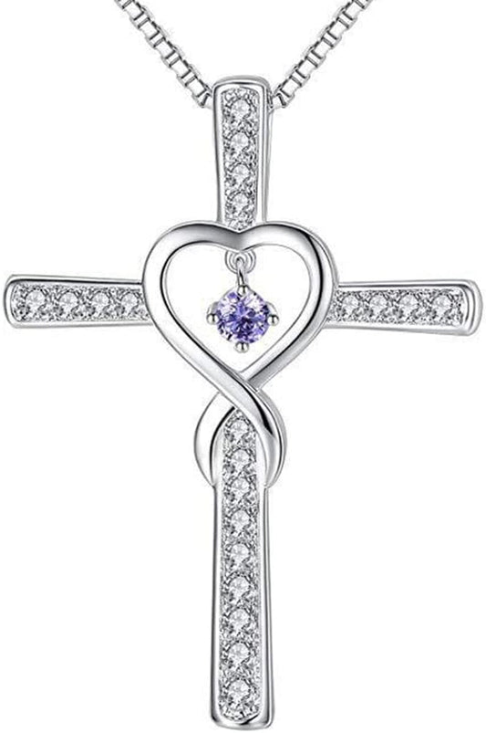 White Gold Plated Christian Cross Birthstone Infinity Charm Wedding Statement Pendant Necklace