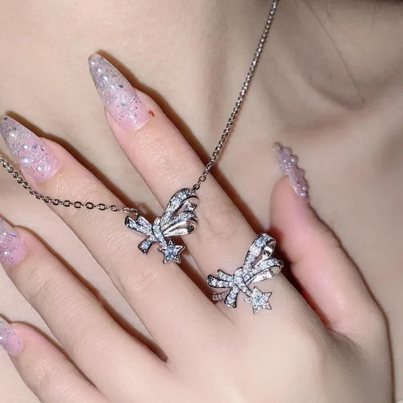 4Pcs/Set High Quality S925 Stamp Sterling Silver Post Bow with Star Pentagram Micro Inlaid Sparkling Cubic Zirconia Jewelry Set Earrings Pendant Necklace Open End Ring for Women Lovely Girl Birthday Party Anniversary Gift