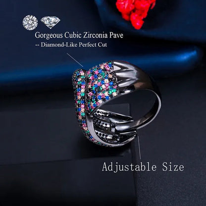 Gloriya Adjustable Women Exaggerated Full Micro Cubic Zirconia Unique Open Cuff Large Ring for Cocktail Personality Finger Jewelry