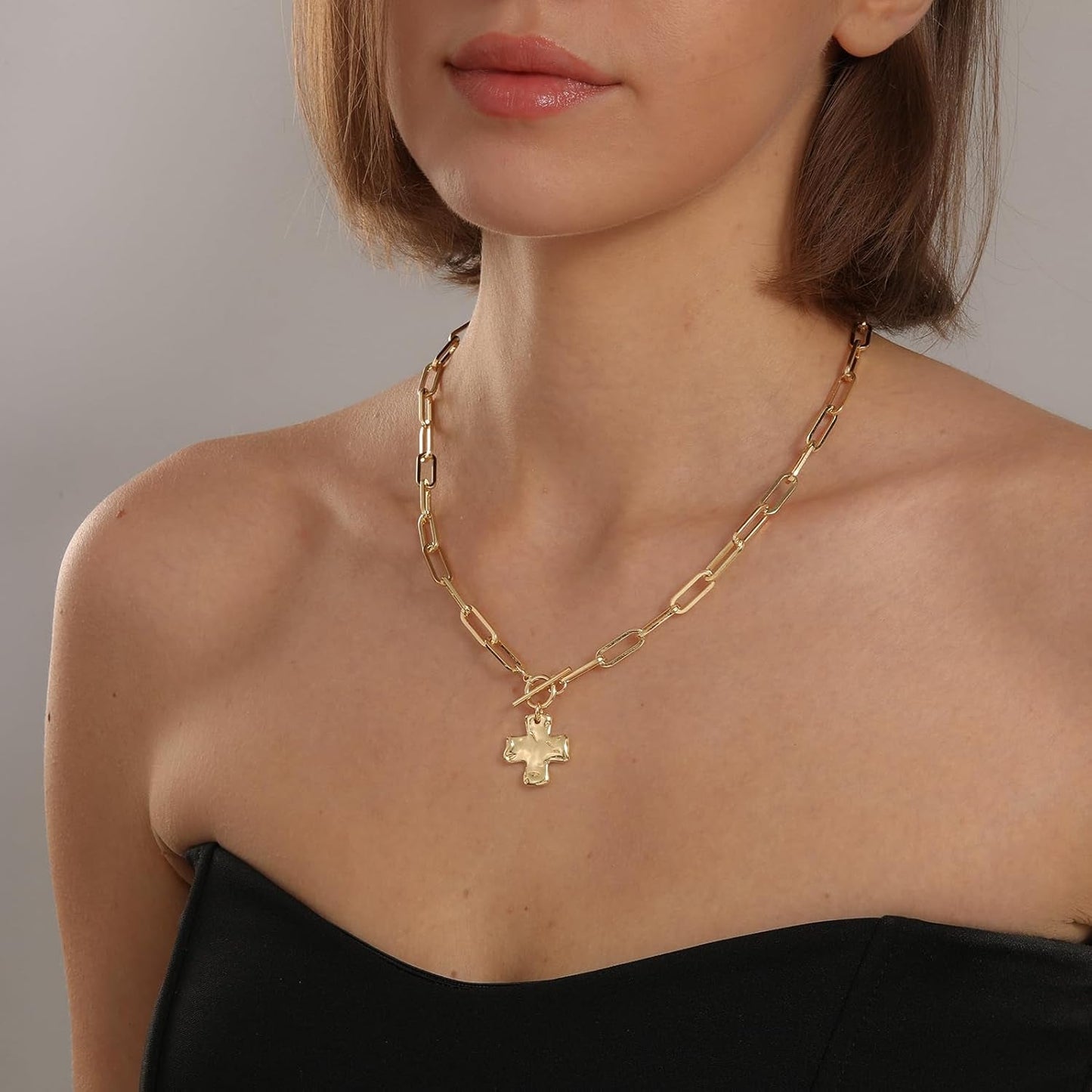 Chunky Cross Necklace for Women Trendy Gold Silver Layered Statement Cross Pendant Charm Necklace Vintage Paperclip Herringbone Snake Choker Chain Costume Jewelry Set Gift Non Tarnish