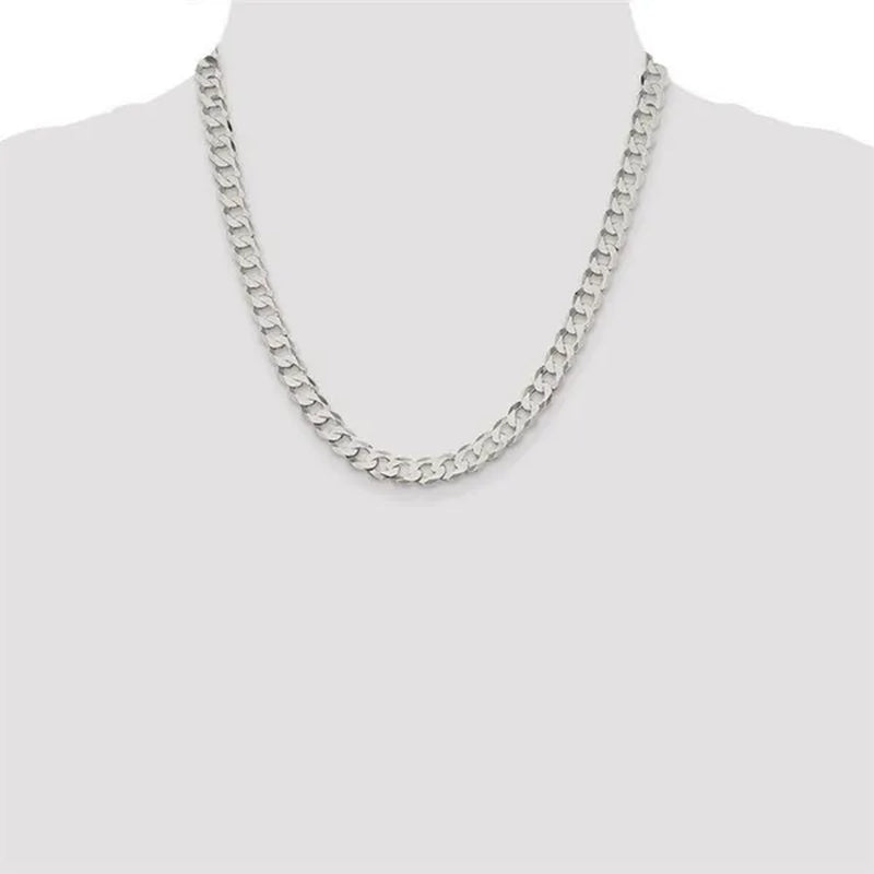 Fashion Solid 925 Silver 8Mm Close Link Flat Curb Cuban Chain Necklace with Secure Lobster Lock Clasp