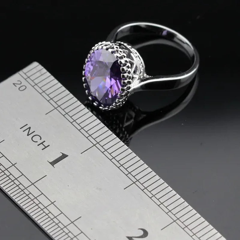 Oval Purple Amethyst Gem Stones Zircon Silver Jewelry Set Necklace Pendant Earrings Ring For Women