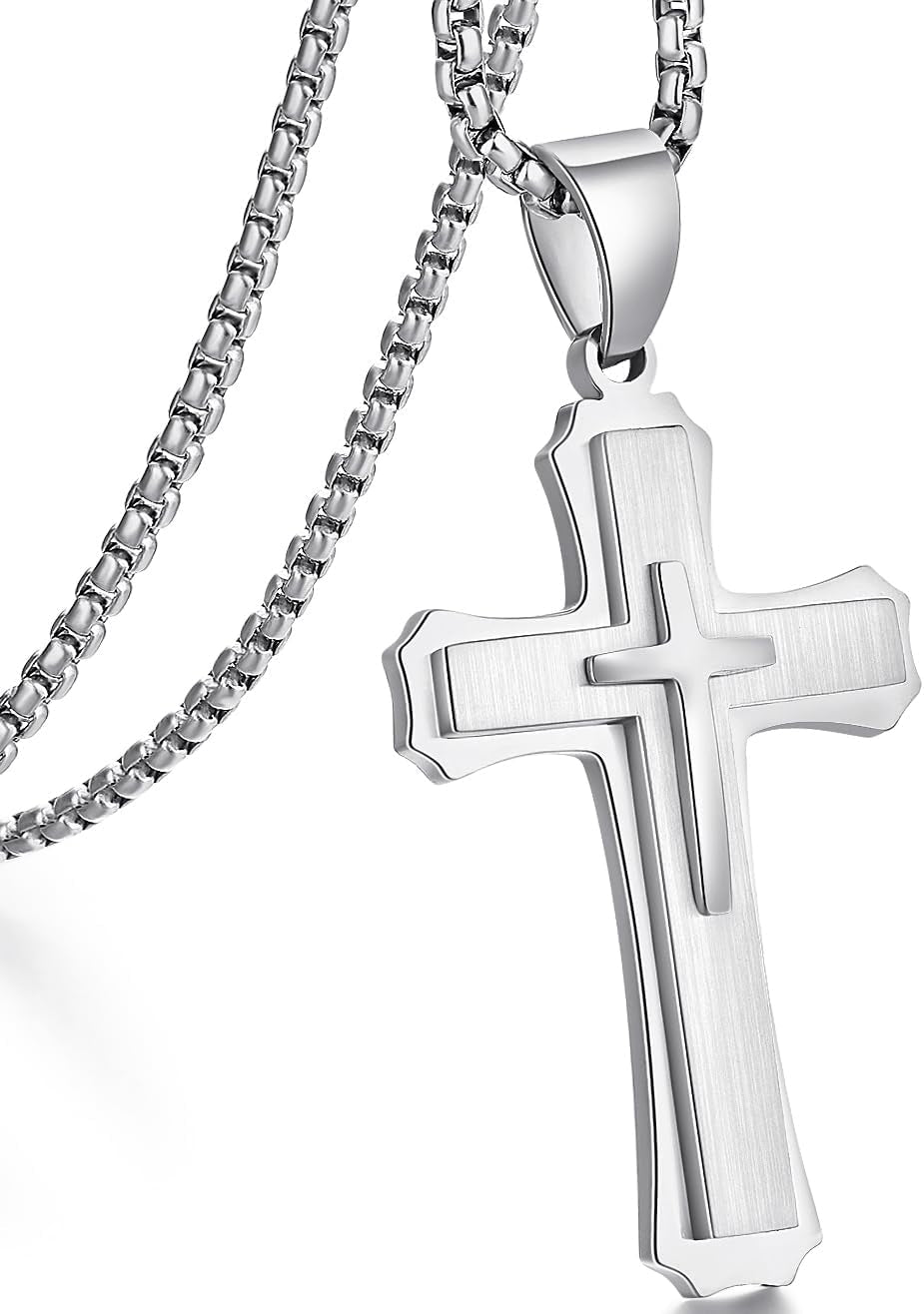 Cross Necklace for Men Surgical Steel Mens Cross Necklace 316L Stainless Steel Cross Pendant Necklace in Color Silver/Black/, Nickel Free Steel Cross Necklaces Chain 22In-26In