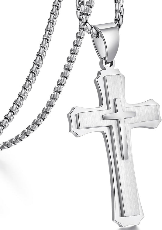 Cross Necklace for Men Surgical Steel Mens Cross Necklace 316L Stainless Steel Cross Pendant Necklace in Color Silver/Black/, Nickel Free Steel Cross Necklaces Chain 22In-26In