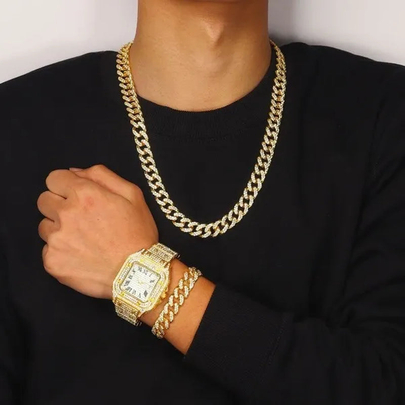 24K Gold / 925 Silver / Rose Gold Stainless Steel Hip Hop Jewelry Iced Out Diamond Thick Miami Cuban Link Chain Necklace Bracelet Watch for Men'S and Women'S Party Jewelry Set Nightclub Bar Fashion Accessories