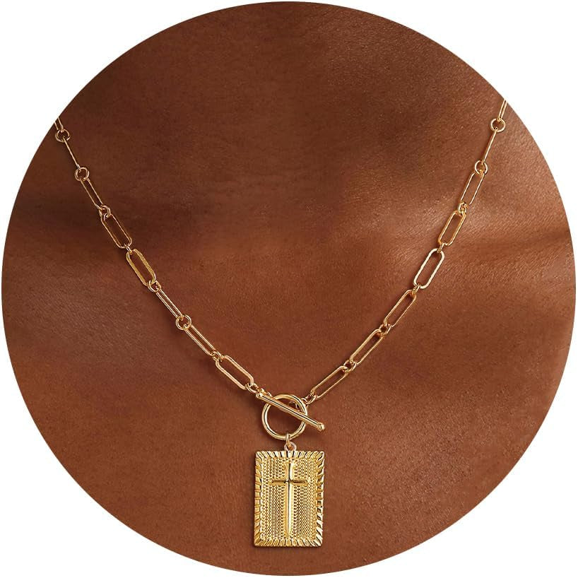 Cross Necklace for Women Trendy Chunky 14K Gold Plated/Silver Plated Cross Pendant Necklace Toggle Clasp Paperclip Chain Dainty Charm Necklace Fashion Religious Simple Jewelry Christian Gifts for Women
