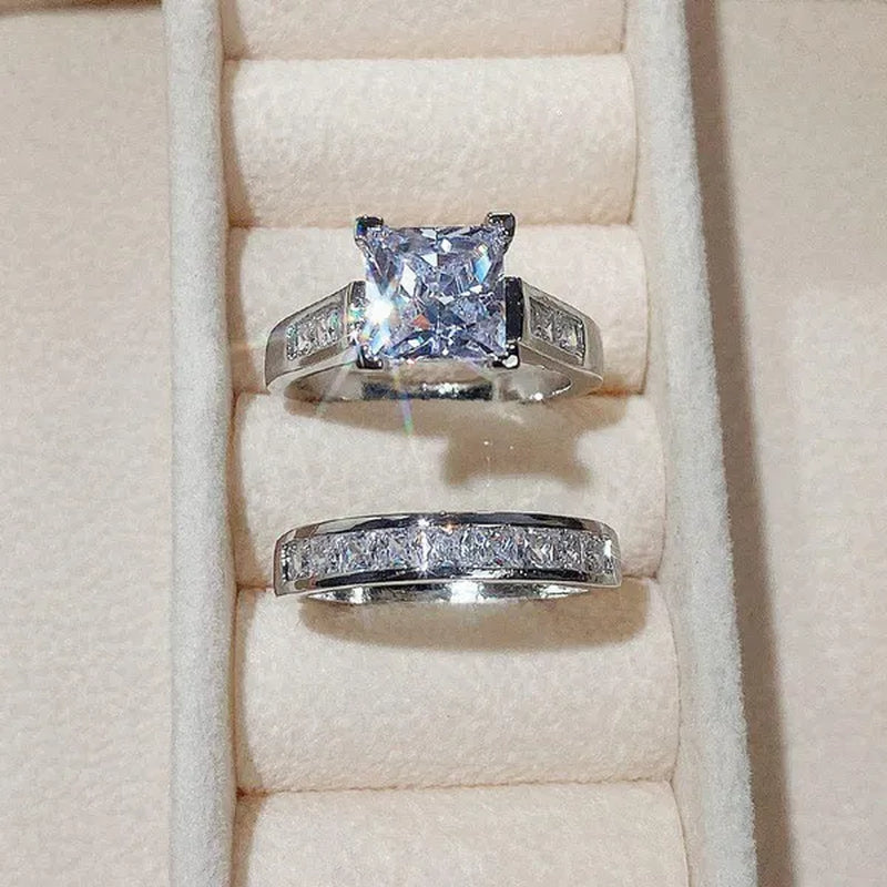 2Pcs/Set Charm Crystal Natural Gemstones White Sapphire Diamond Silver Ring Set Anniversary Gift Engagement Bridal Wedding Rings Jewelry for Women Ladies Size 5-10
