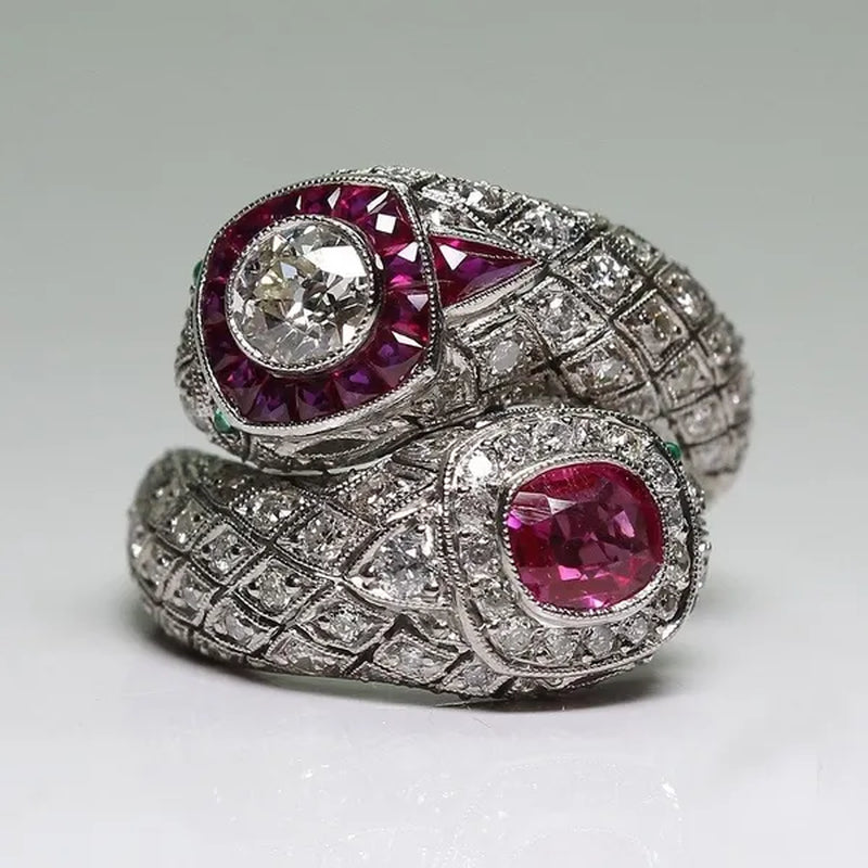Antique Art Deco 925 Sterling Silver Ruby & White Sapphire Snake Ring Size 5 6 7 8 9 10 11 12