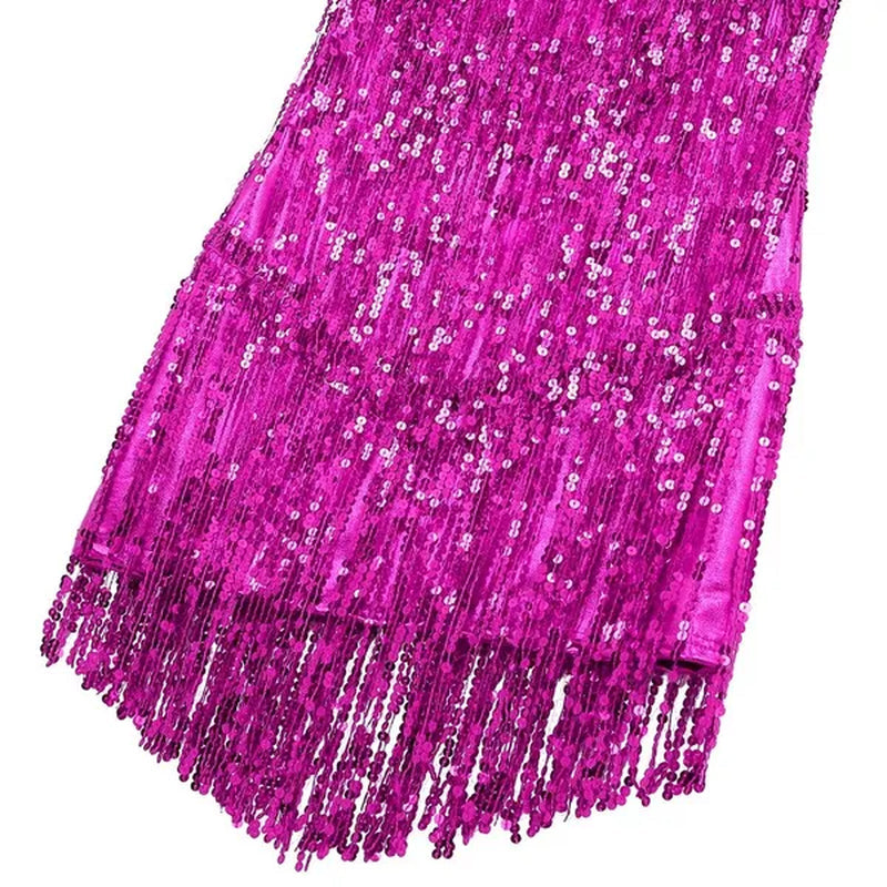 Women's Gowns V Neck Sparkling Sequin Tassels Rhythm Ballroom Salsa Samba Rumba Tango Latin Dance Dress
