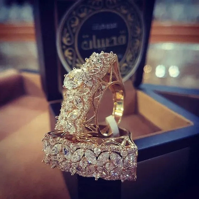 Dazzling Bridal Diamond Wedding Jewelry Luxury 5.4ct White Sapphire 18 K Yellow Gold in 925 Sterling Silver Ring Set Anniversary Gift Party Engagement Premium Jewelry Christmas Gift Ring Size 4-12