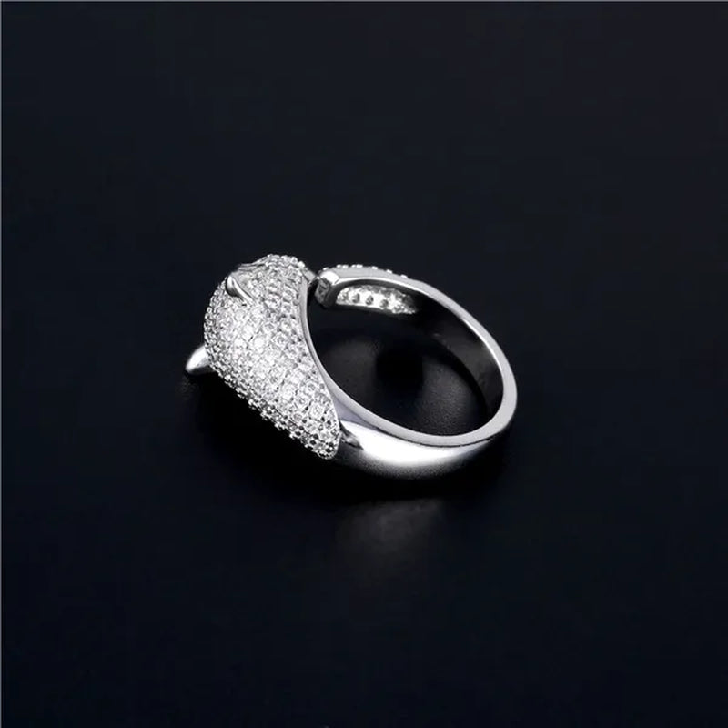 Personality 925 Sterling Silver Plated Jaguar Rings with Green Rhinestone Eyes Animal Fashion Costume Rings for Men and Women