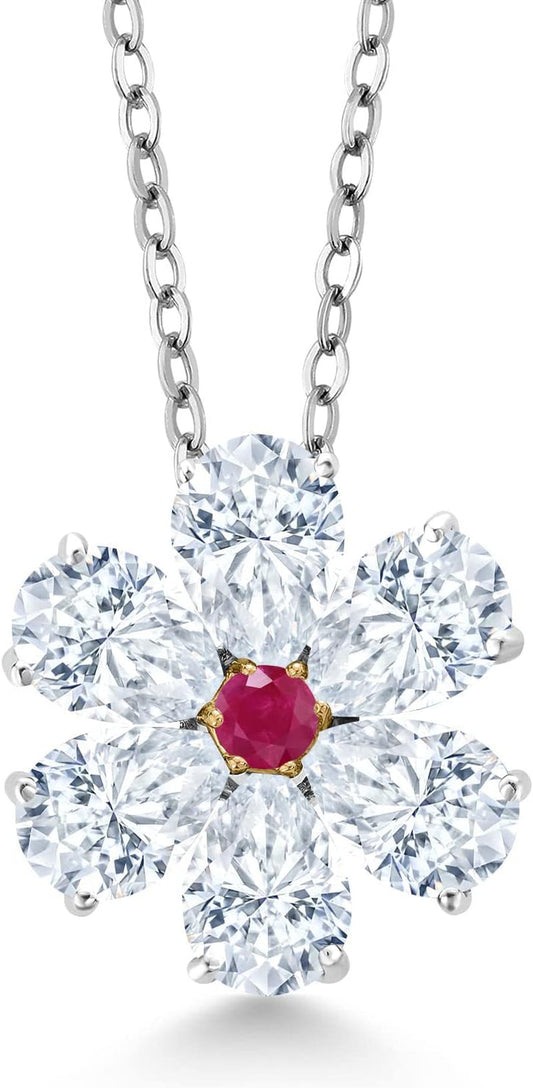 925 Sterling Silver and 10K Yellow Gold Red Ruby and White Moissanite Pear Shape Flower Pendant Necklace for Women (2.46 Cttw, with 18 Inch Chain)