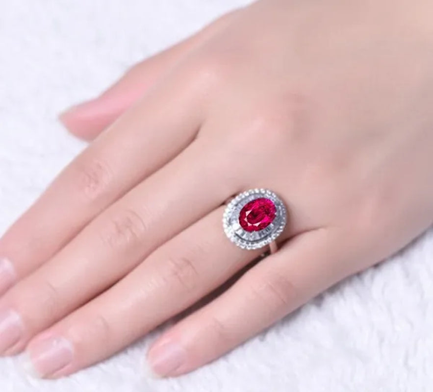 Huge Silver Ruby & White Sapphire Birthstone Gemstones Engagement Wedding Anniversary Flower Ring