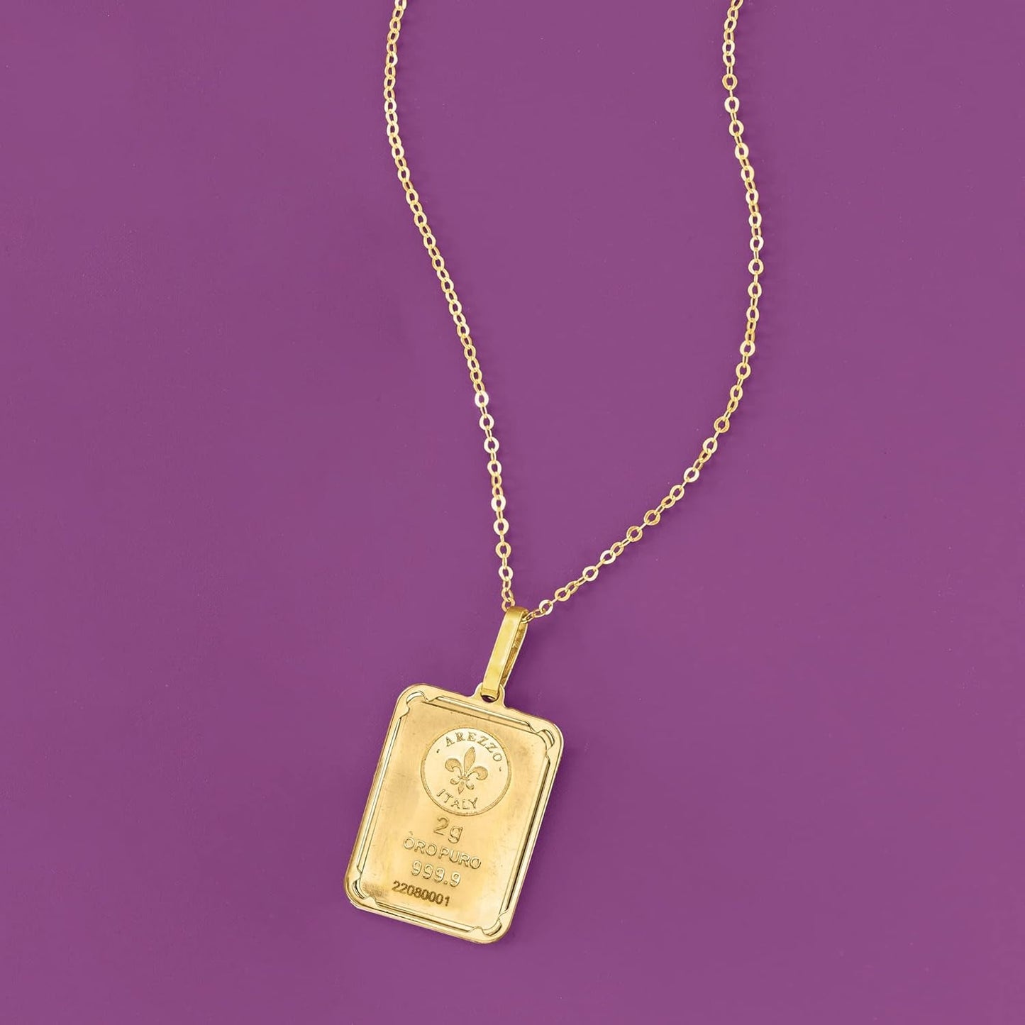 Italian 24Kt Yellow Gold Fleur-De-Lis 2-Gram Ingot Pendant Necklace with 14Kt Yellow Gold Frame. 20 Inches