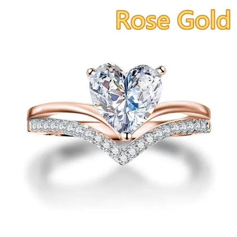 V-Shape Solitaire Ring Heart Shape Diamonds Sweet Finger Ring Two Layer Women'S Engagement Banquet Ring Exquisite Jewelry