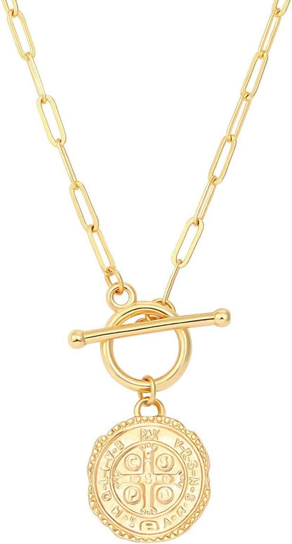 Saint Benedict Necklace Drop 18K Gold Toggle Medallion Coin Cross Pendant Necklaces Religious Jewelry Catholic Gift for Women