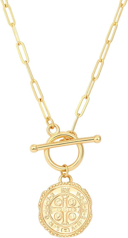 Saint Benedict Necklace Drop 18K Gold Toggle Medallion Coin Cross Pendant Necklaces Religious Jewelry Catholic Gift for Women