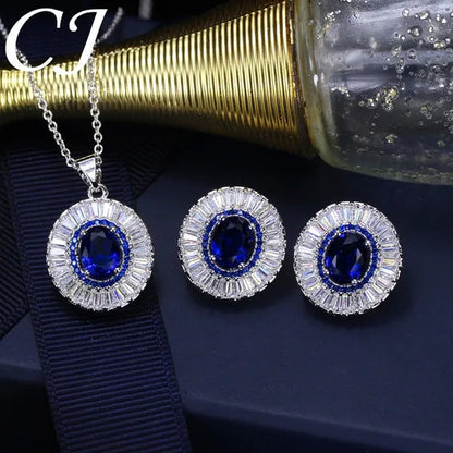 CANDICE Classic round Blue CZ Stone Party Jewelry Sets for Women Elegant Blue Cubic Zirconia Stud Earrings and Necklace 2 Piece Set