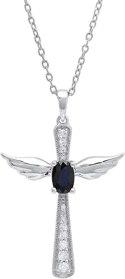 6X4 MM Oval Gemstone & round Diamond Angel Cross Pendant (Silver Chain Included), Sterling Silver