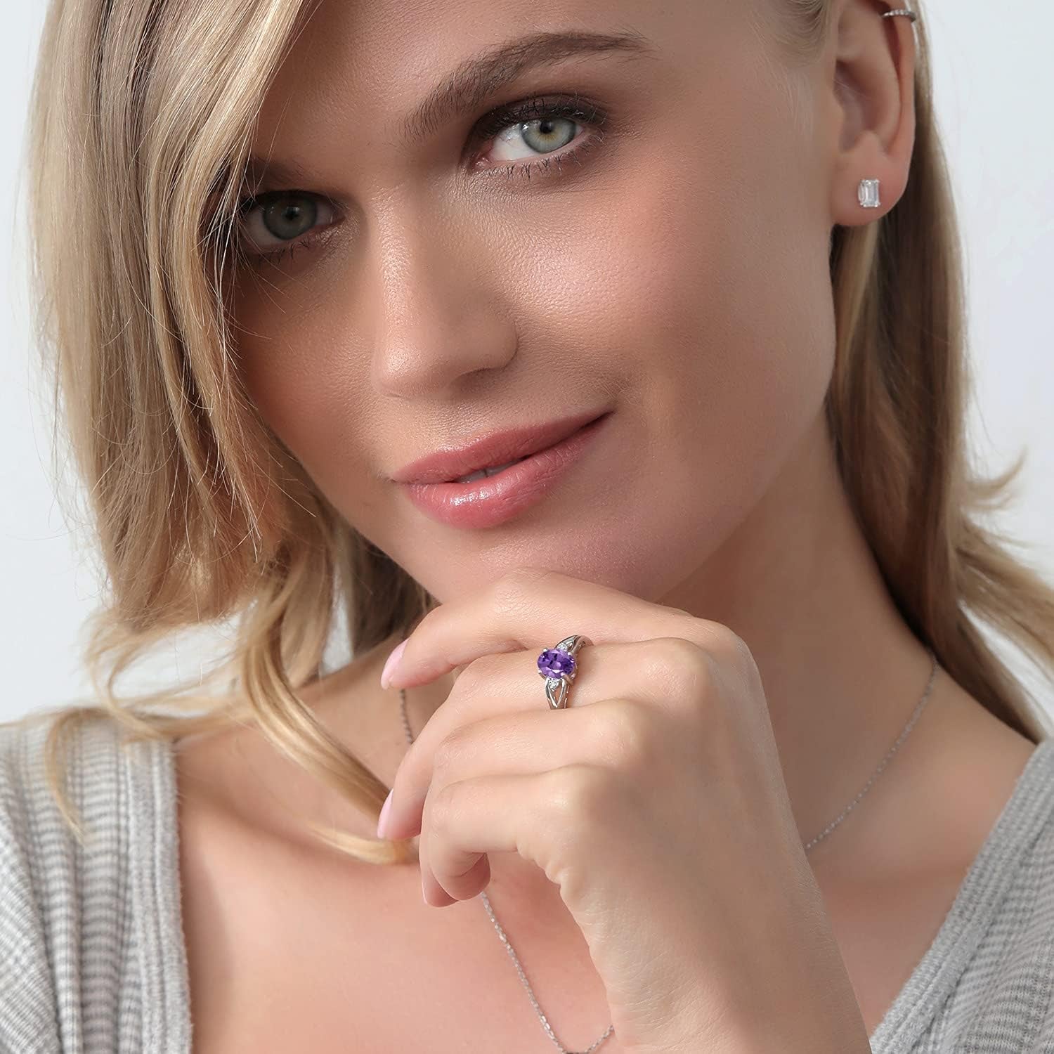 925 Sterling Silver Purple Amethyst and White Diamond 3 Stone Engagement Ring for Women | 1.16 Cttw | Oval 8X6MM | round 2MM | Gemstone February Birthstone | Available in Size 5,6,7,8,9