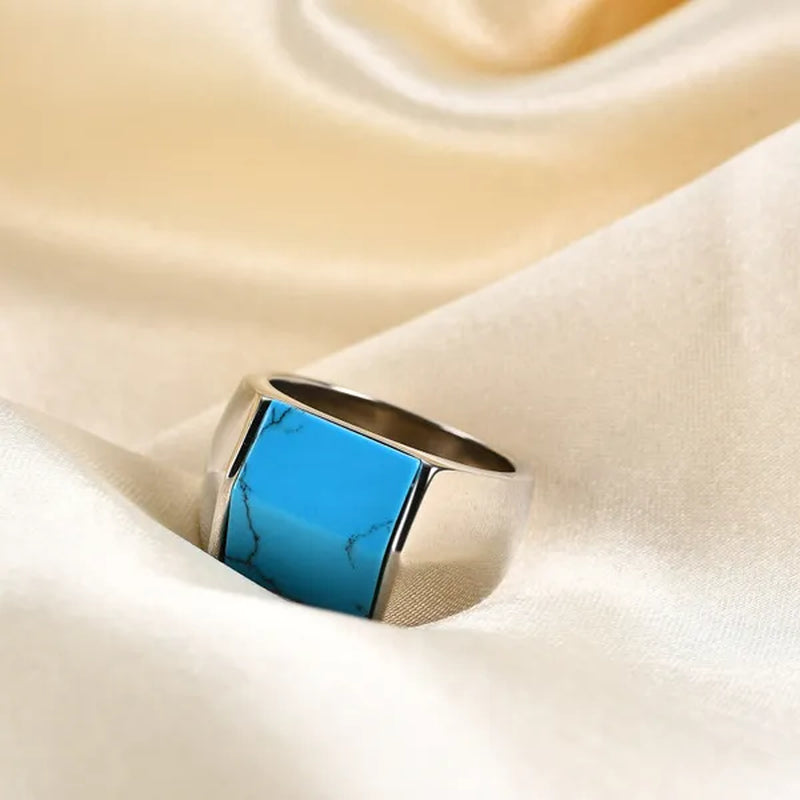 Vintage Men's Single Turquoise Ring Stainless Steel Personality Roof Shaped Gemstone Rings jewelry Gift for Business Elite Boyfriend Dad