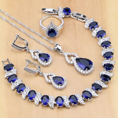 925 Silver Jewelry Sets Blue Sapphire White Topaz Open Rings Earrings Pendant Necklace Bracelet for Bridal Women