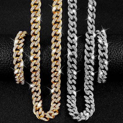 A Set(Bracelet+Necklace) 13MM Width Cuban Link Chain Gold Silver Plated Bling Miami Cuban Necklace Bracelet Diamond Chain for Fashion Men and Women Iced Out Hip Hop Jewelry Set