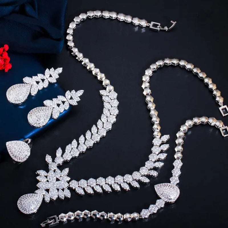 CANDICE High Quality Full Micro CZ Stone Pave Pear Water Drop Pendant Necklace&Earrings&Bracelet&Ring for Wedding Luxury Statement 4Pcs Jewelry Set