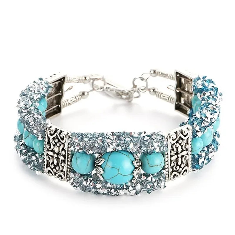 Vintage Tibetan Silver Feather Turquoise Beads Bracelet Bangle Crystal Diamond Turquoise Bangle Women Jewelry Gift