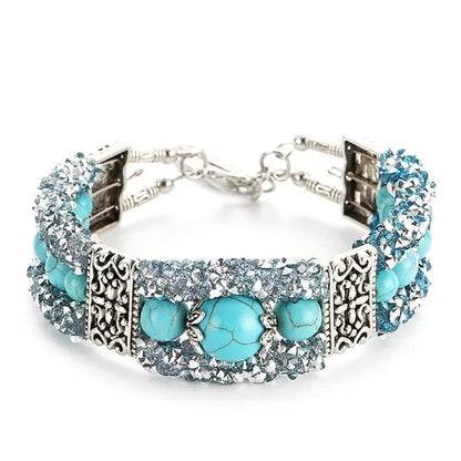 Vintage Tibetan Silver Feather Turquoise Beads Bracelet Bangle Crystal Diamond Turquoise Bangle Women Jewelry Gift