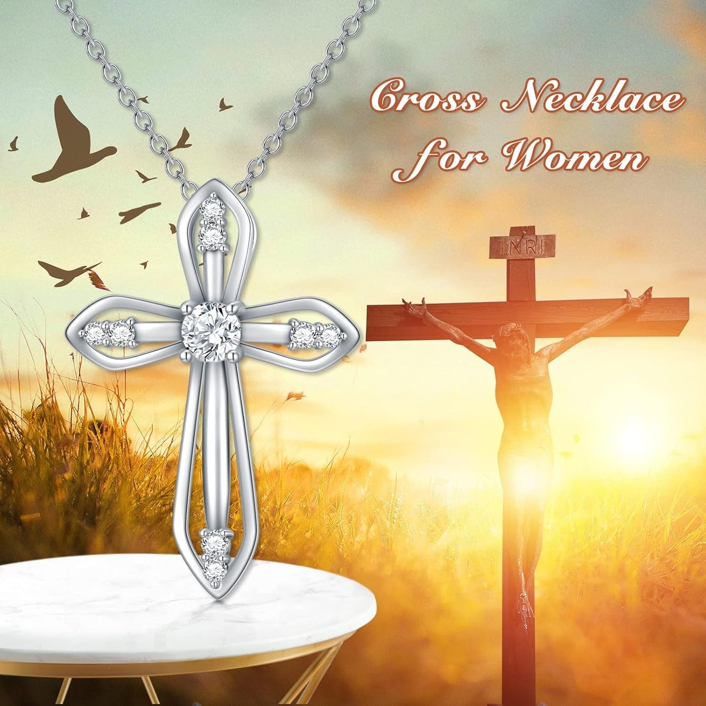 Moissanite Diamond Cross Necklace for Women,18K Gold Plated Sterling Silver Crucifix/Star of David Cross Pendant Necklace Faith Jewelry Anniversary Birthday Christmas Gift for Her Mom Wife, 18+2 Inch