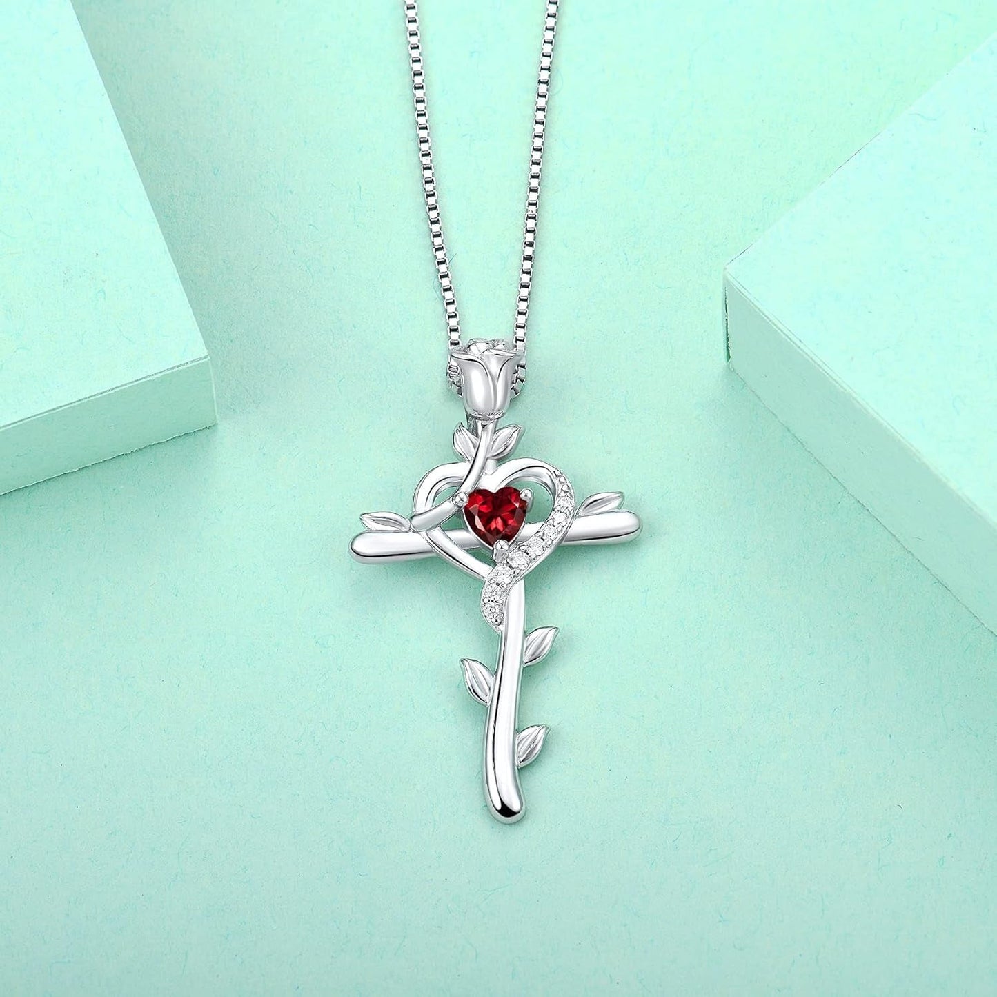 Rose Cross Necklace 925 Sterling Silver Heart Crucifix Pendant Birthstones Jewelry for Women