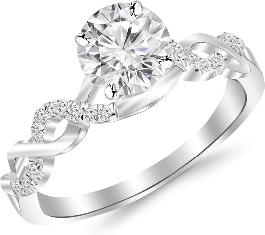1.13 Carat Twisting Infinity Gold and Diamond Split Shank Pave Set Diamond Engagement Ring 14K White Gold with a 1 Carat H-I Color, I3 Clarity Center