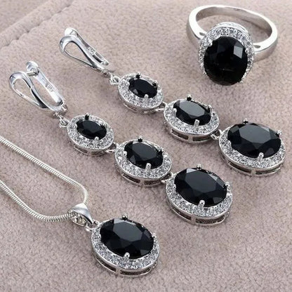 3Pcs/Set Women 925 Silver Plated Black Sapphire Ring Earrings Necklace Jewelry Set (Choice Color and Size)