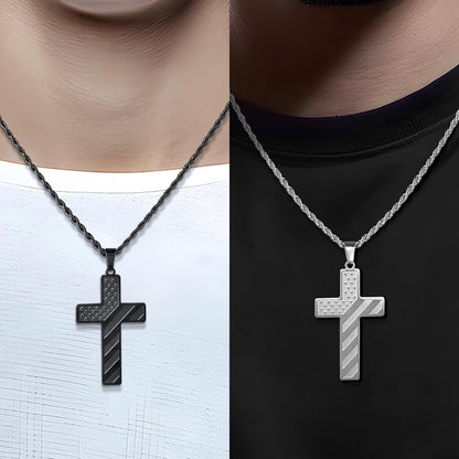 2Pcs Valentines Day Gifts Cross Necklace for Men Boys, Bible Verse Stainless Steel Silver Black American Flag Chains for Men Pendant Jewelry Box