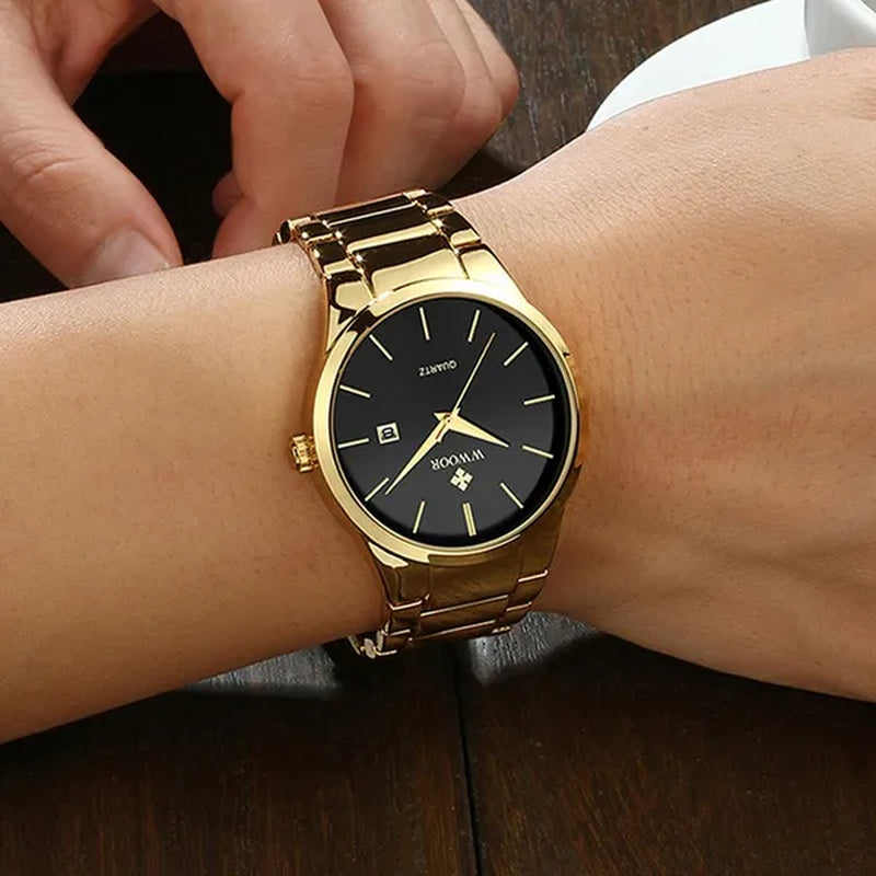 relojes hombre 2020 WWOOR Gold Watch Men Luxury Mens Quartz Wristwatch Business Watch Stainless Steel Waterproof Auto Date Clock with gift box