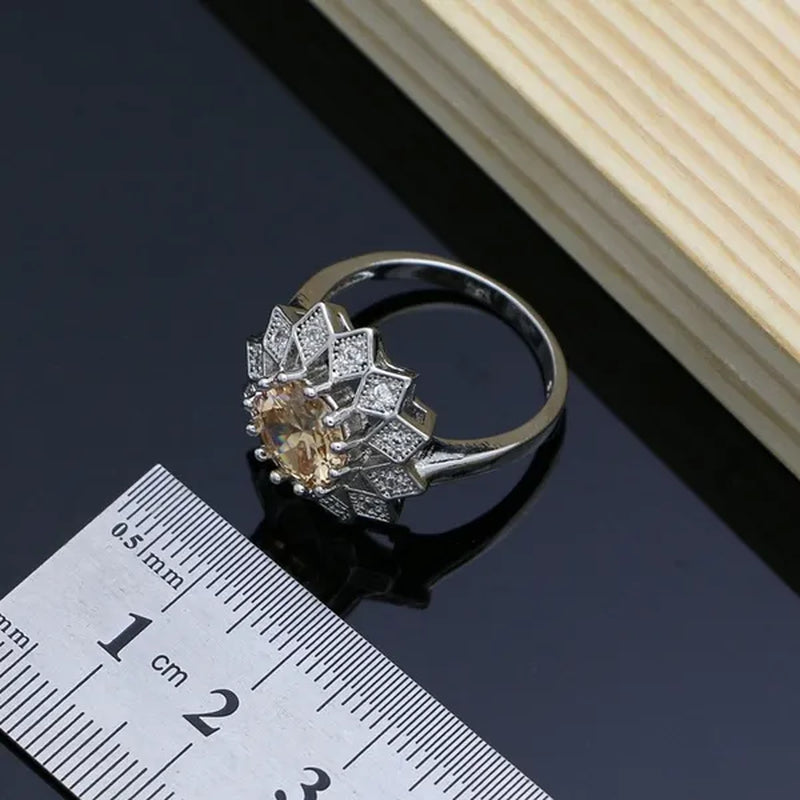 Flower 925 Sterling Silver Jewelry Sets Champagne Topaz Wedding Women Earrings/Pendant/Necklace/Ring/Bracelets