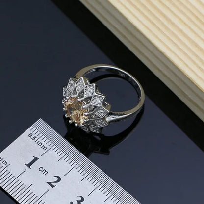 Flower 925 Sterling Silver Jewelry Sets Champagne Topaz Wedding Women Earrings/Pendant/Necklace/Ring/Bracelets
