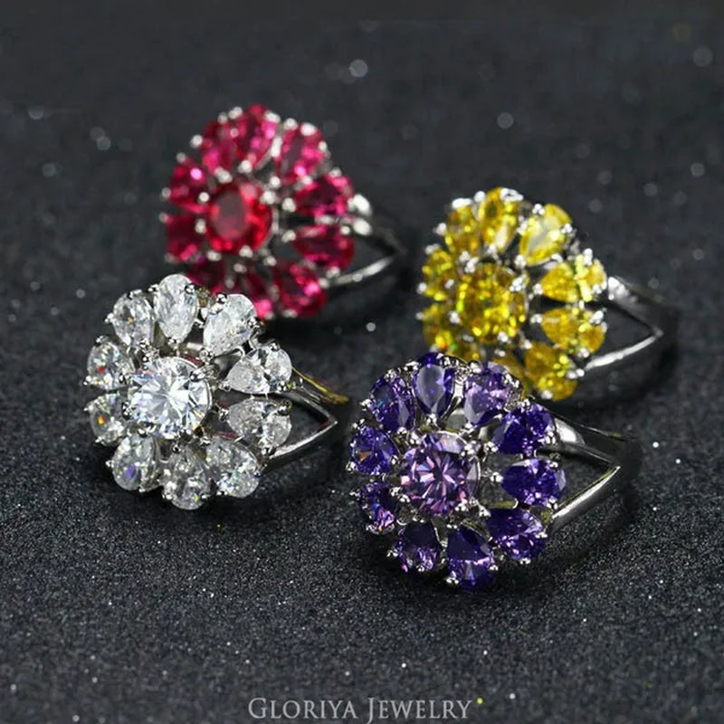 Gloriya Natural Mystic Purple Crystal Ring Cocktail Party Engagement Wedding Ring Silver Plated Jewelry Big Flower Fine Jewelry Women Ring Classic