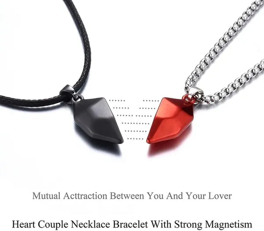 4Pcs/Set Two Souls One Heart Matching Necklaces Bracelets for Couples Creative Magnet Wishing Stone Necklaces Pandent Braided Rope Bracelets Mutual Attraction Friendship Couples Jewelry Gifts for Valentine'S Day