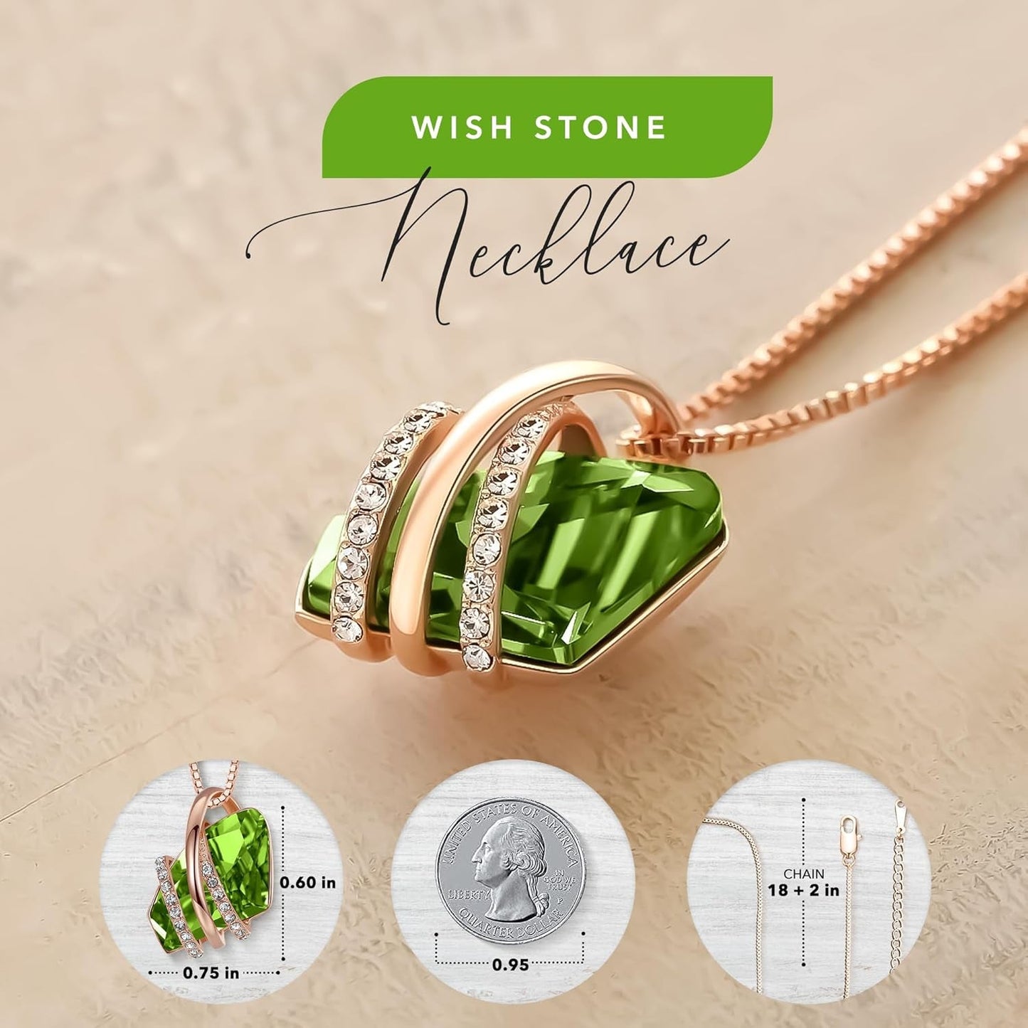 Wish Stone Pendant Necklace with Birthstone Crystal, 18K Rose Gold Plated/Silvertone, 18" + 2"