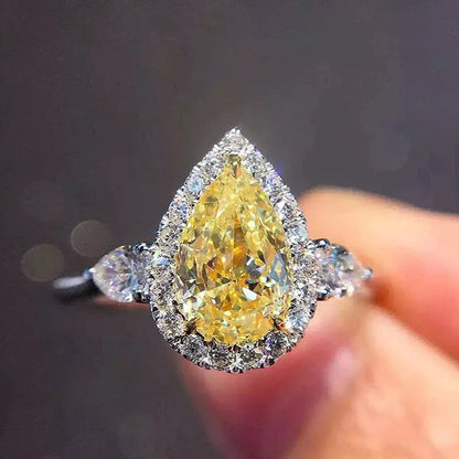 Women Fashion Silver Plated Teardrop Citrine Lab Diamond Wedding Engagement Ring for Women Natural Gemstones Jewelry Ring Size 6-10