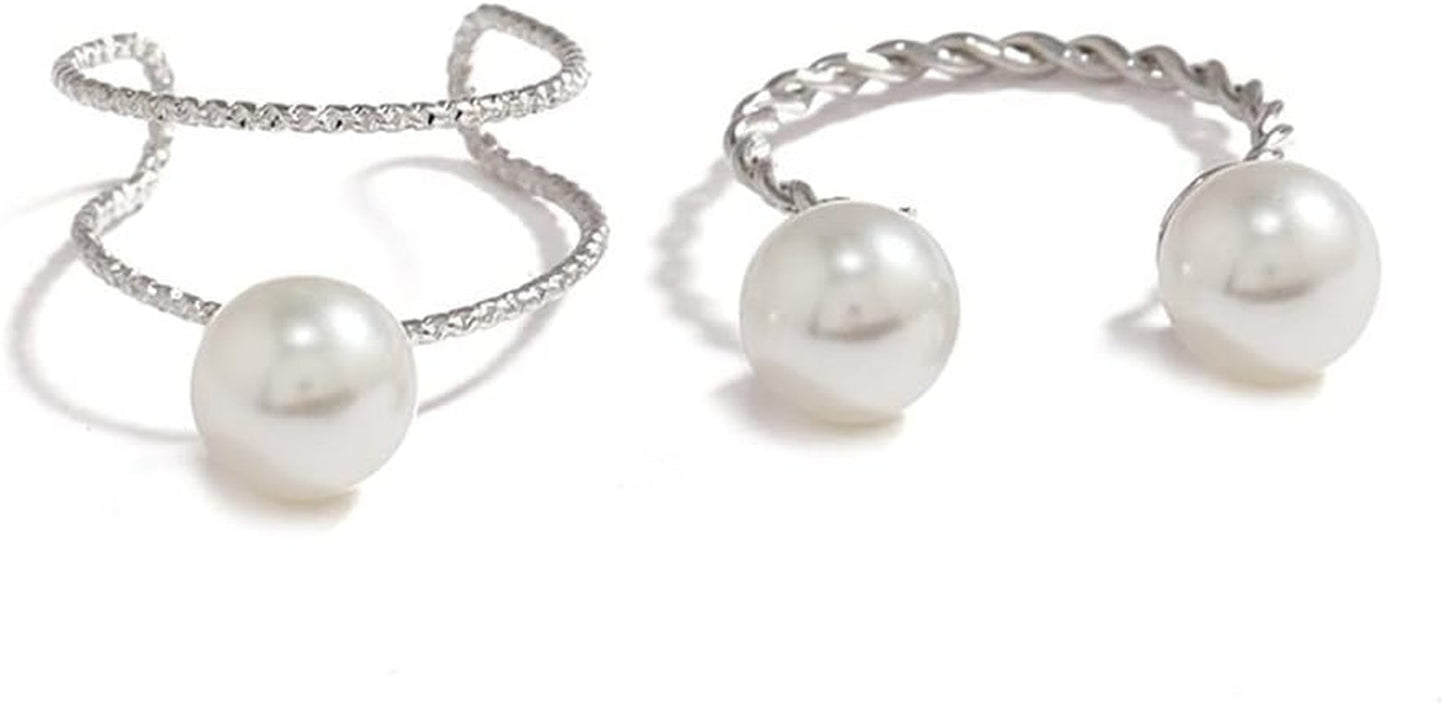 2Pcs Shell Pearl Adjustable Wedding Statement Rings for Women Girls Silver Plated Expandable Twisted Layered Open Wrap Rings Comfort Fit Fashion Delicate Birthday Christmas Party Jewelry Gifts