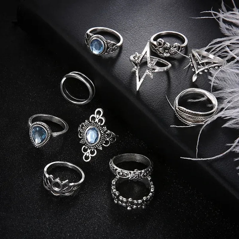 11Pcs/Set Retro Finger Ring Set Boho Crown Star Silver Carved Knuckle Rings for Women Jewelry Gifts