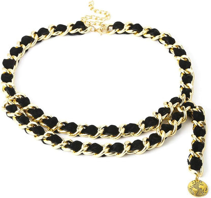 Alloy Waist Chain Body Chain Weave Rope Winding Twist Chain for Women Waist Belt Pendant Belly Chain Adjustable Body Harness for Jeans Dresses - S Size – Black and Gold