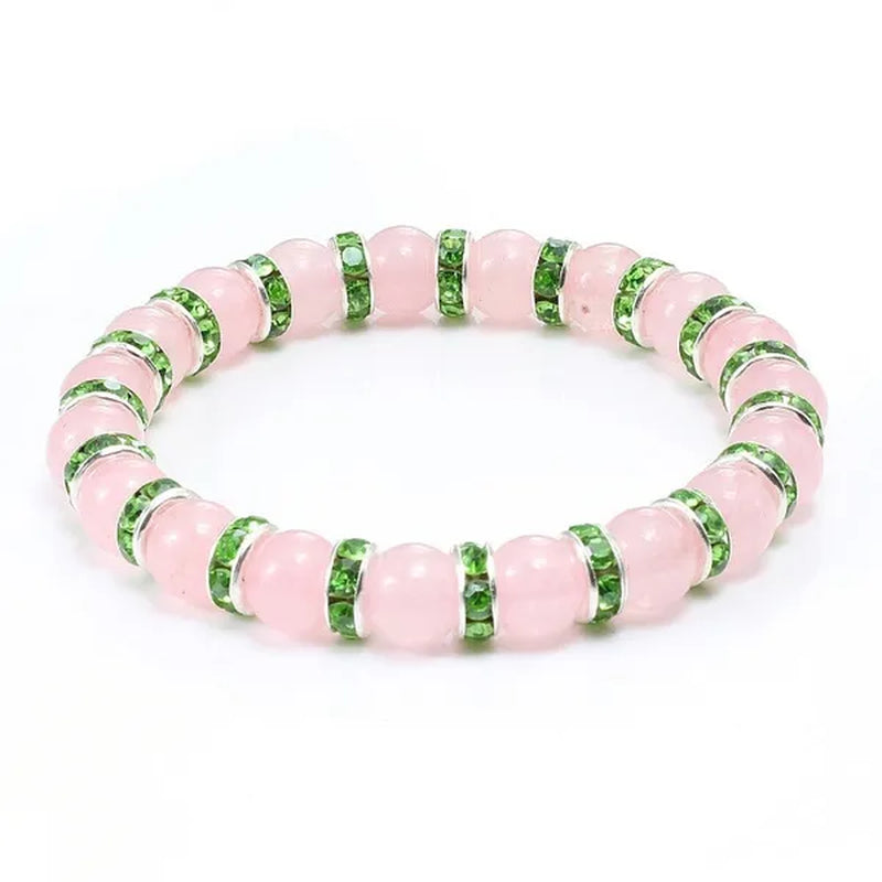 Natural Stone Pink Crystal Quartz &White Porcelain Rhinestones Bracelets & Bangles Charm Powder Beads Strand Bracelet Love Gifts for Women Men Casual Jewelry